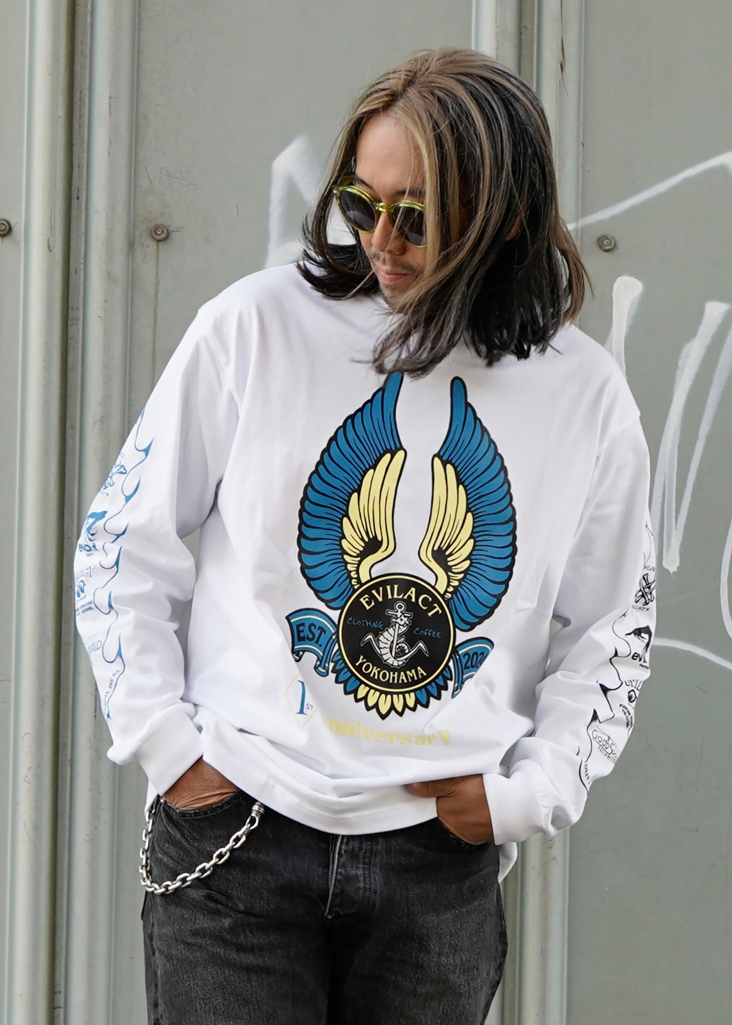 EVILACT YOKOHAMA 1st Anniv. T's L/S white x blue